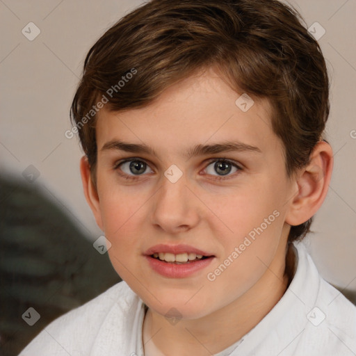 Joyful white child female with short  brown hair and brown eyes