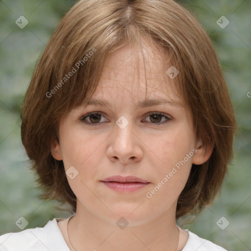 Neutral white young-adult female with medium  brown hair and brown eyes