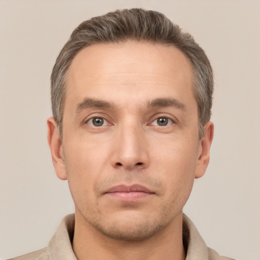 Neutral white adult male with short  brown hair and brown eyes