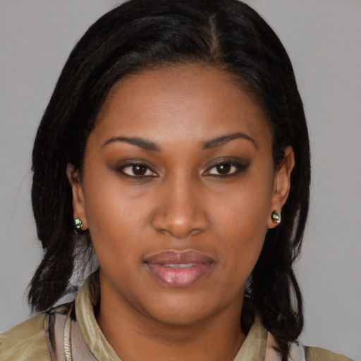 Neutral latino young-adult female with medium  brown hair and brown eyes