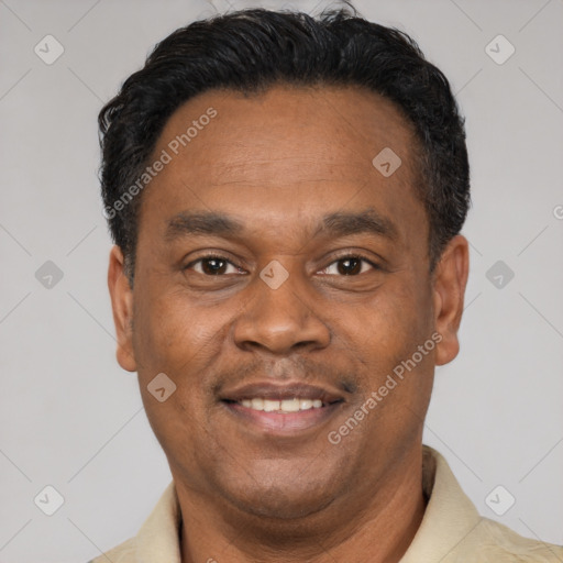 Joyful latino adult male with short  black hair and brown eyes