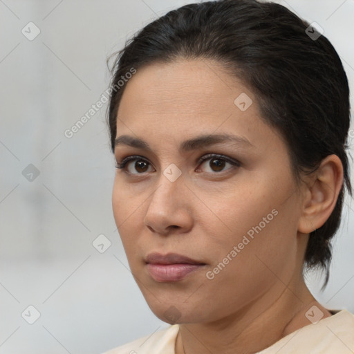 Neutral white young-adult female with medium  brown hair and brown eyes