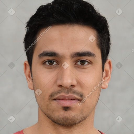 Neutral latino young-adult male with short  black hair and brown eyes