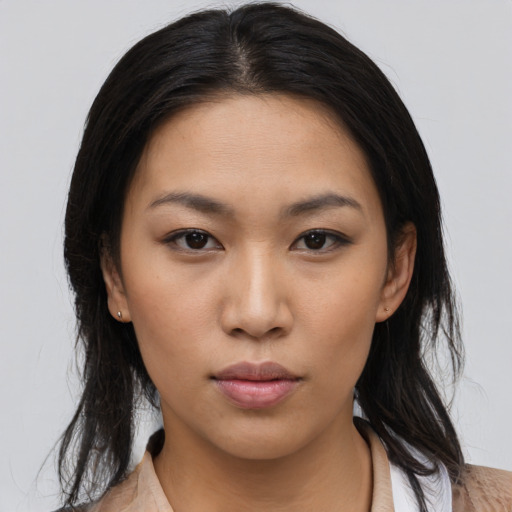 Neutral asian young-adult female with medium  black hair and brown eyes