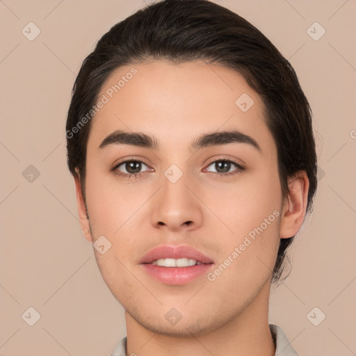 Neutral white young-adult male with short  brown hair and brown eyes