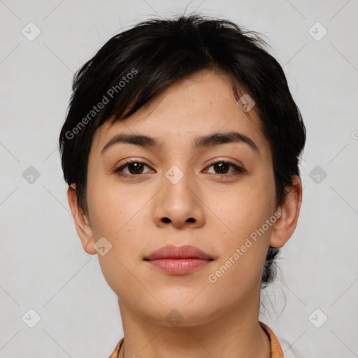 Neutral white young-adult female with short  brown hair and brown eyes