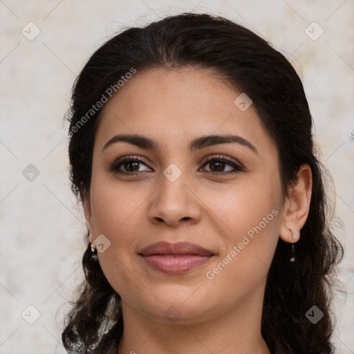 Joyful latino young-adult female with medium  brown hair and brown eyes