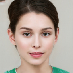 Neutral white young-adult female with short  brown hair and brown eyes