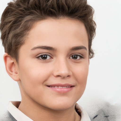 Joyful white child female with short  brown hair and brown eyes