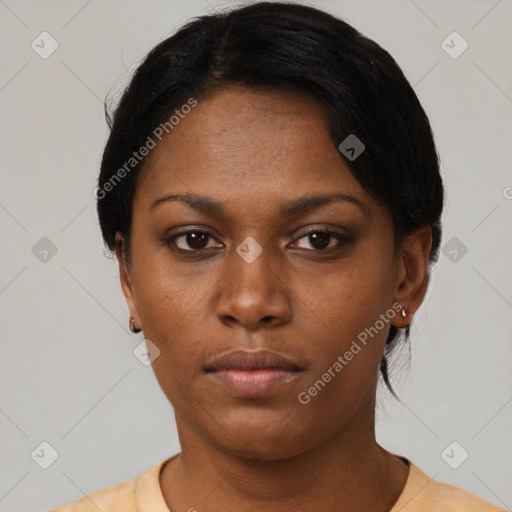 Neutral black young-adult female with short  black hair and brown eyes