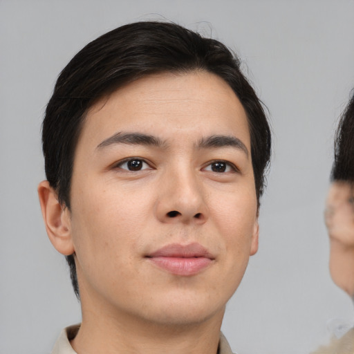 Neutral asian young-adult male with short  brown hair and brown eyes