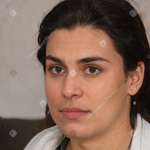 Neutral white young-adult female with medium  brown hair and brown eyes