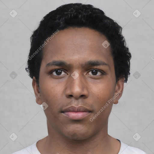Neutral black young-adult male with short  black hair and brown eyes