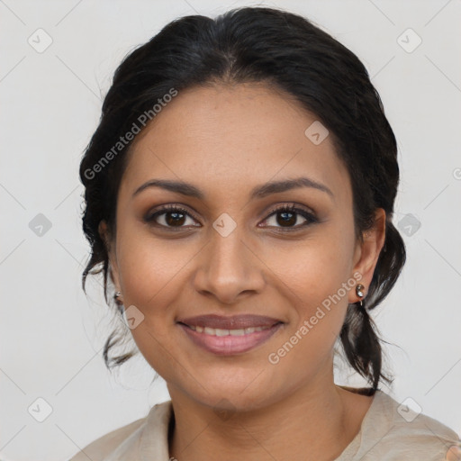 Joyful latino young-adult female with medium  brown hair and brown eyes