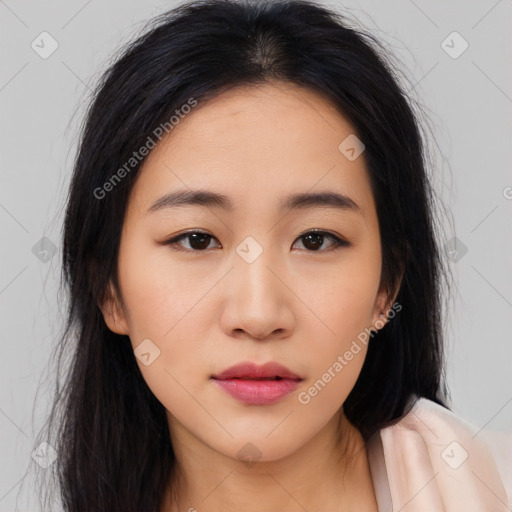 Neutral asian young-adult female with long  brown hair and brown eyes