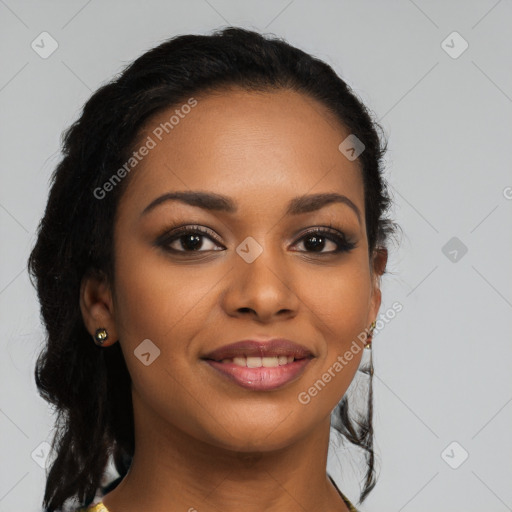 Joyful latino young-adult female with long  brown hair and brown eyes