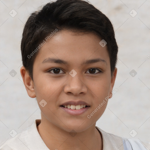 Joyful white child female with short  brown hair and brown eyes