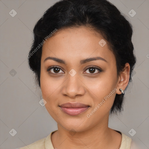 Joyful latino young-adult female with medium  black hair and brown eyes