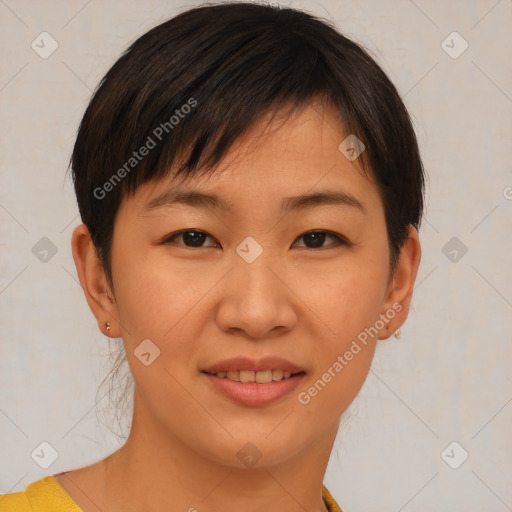 Joyful asian young-adult female with short  brown hair and brown eyes