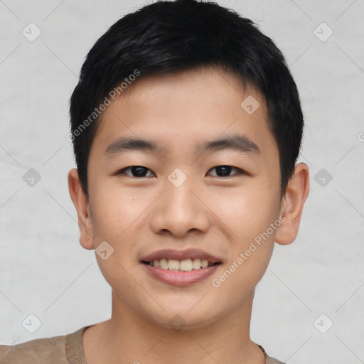 Joyful asian young-adult male with short  black hair and brown eyes