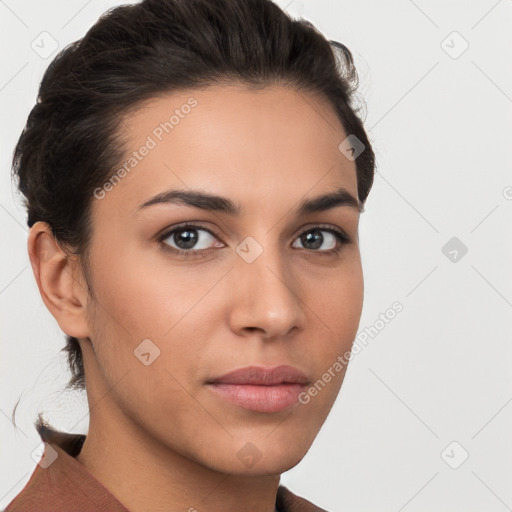 Neutral white young-adult female with short  brown hair and brown eyes