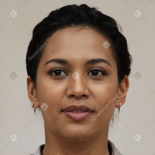 Joyful latino young-adult female with short  black hair and brown eyes