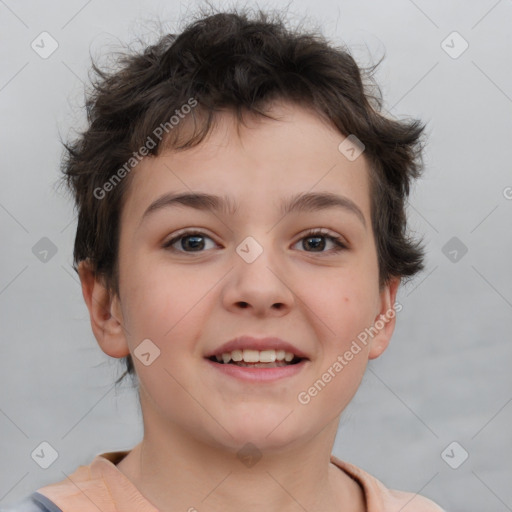 Joyful white child female with short  brown hair and brown eyes