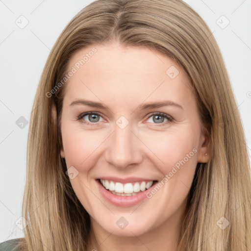 Joyful white young-adult female with long  brown hair and grey eyes