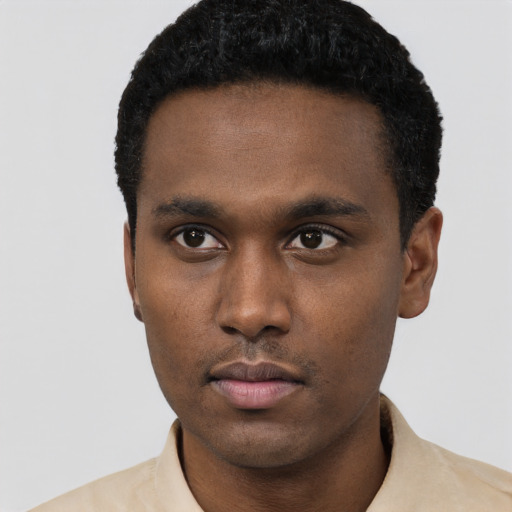 Neutral latino young-adult male with short  black hair and brown eyes