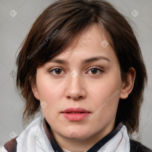 Neutral white young-adult female with medium  brown hair and brown eyes