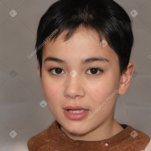 Neutral white young-adult female with short  brown hair and brown eyes