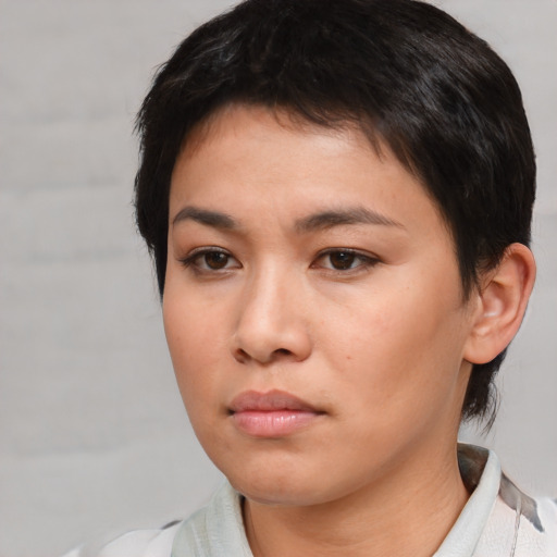 Neutral asian young-adult female with short  brown hair and brown eyes