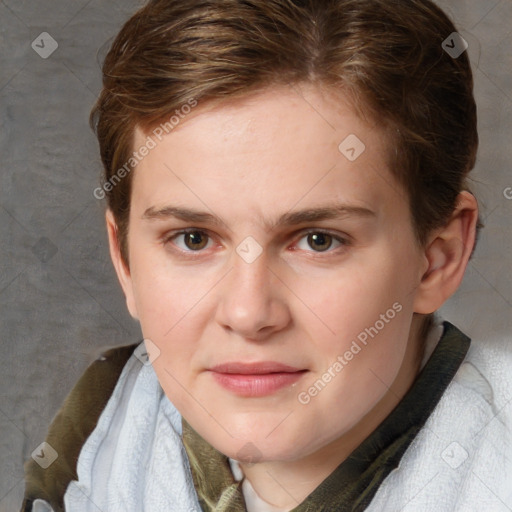 Joyful white young-adult female with medium  brown hair and blue eyes