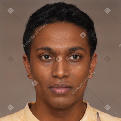 Neutral latino young-adult male with short  black hair and brown eyes