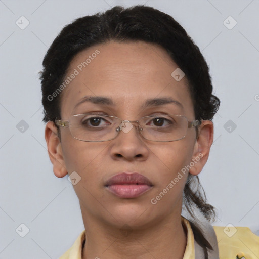 Neutral latino adult female with short  brown hair and brown eyes