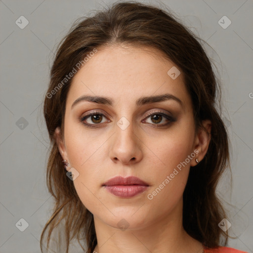 Neutral white young-adult female with medium  brown hair and brown eyes