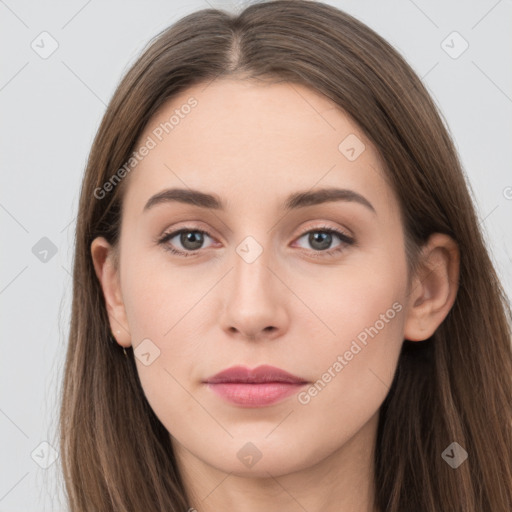 Neutral white young-adult female with long  brown hair and grey eyes