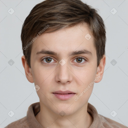 Neutral white young-adult male with short  brown hair and grey eyes