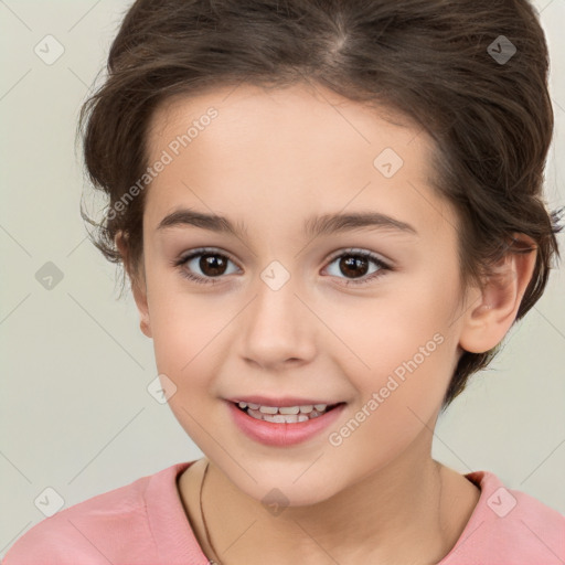 Joyful white child female with medium  brown hair and brown eyes