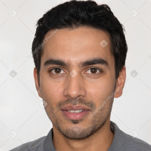 Neutral latino young-adult male with short  black hair and brown eyes