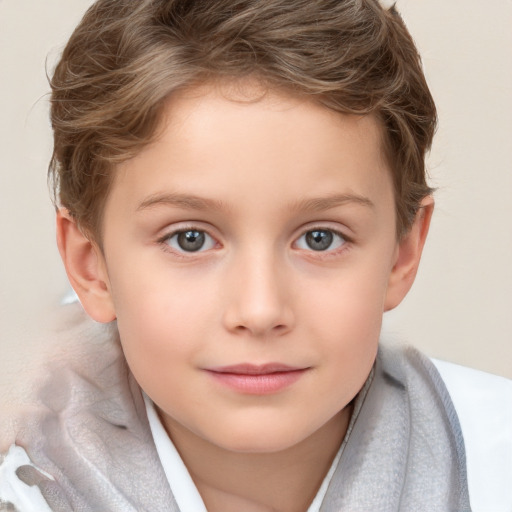 Joyful white child female with short  brown hair and grey eyes