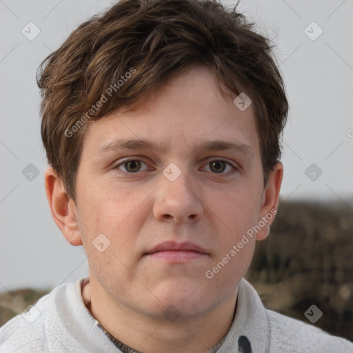 Neutral white young-adult male with short  brown hair and grey eyes