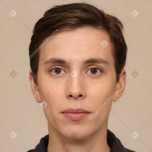 Neutral white young-adult male with short  brown hair and brown eyes