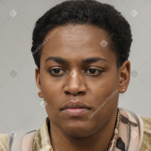 Neutral latino young-adult female with short  brown hair and brown eyes