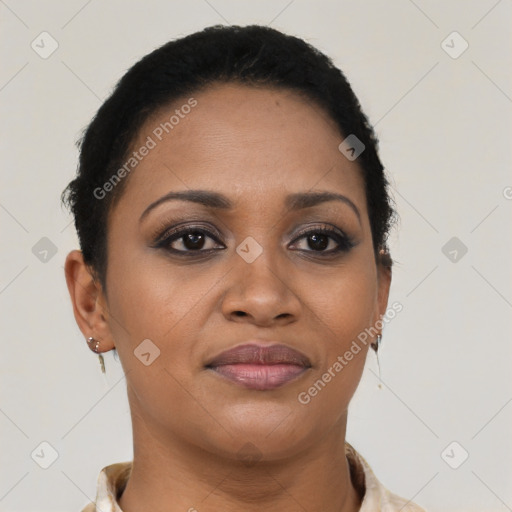 Joyful latino young-adult female with short  brown hair and brown eyes