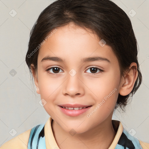 Joyful white child female with medium  brown hair and brown eyes