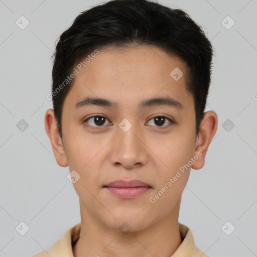 Neutral asian young-adult male with short  black hair and brown eyes