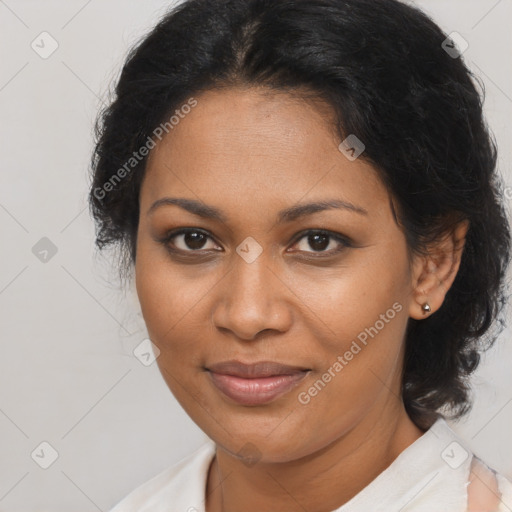 Joyful black young-adult female with medium  brown hair and brown eyes