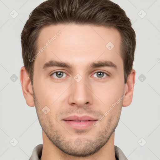 Neutral white young-adult male with short  brown hair and brown eyes