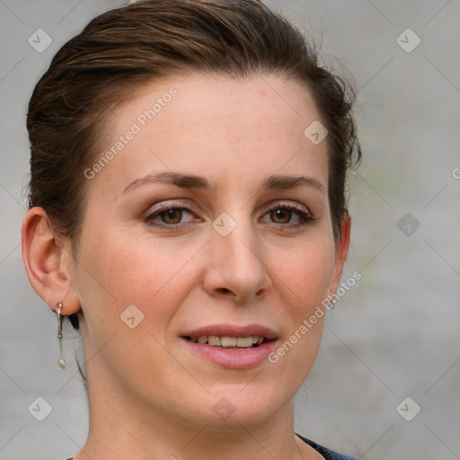 Joyful white young-adult female with medium  brown hair and blue eyes